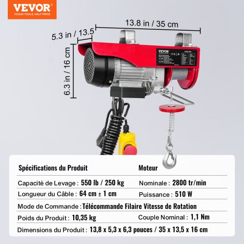 Elektrisk Hejs, 249,5 kg løftekapacitet, 427 cm fjernbetjening, 1219 cm løftehøjde, stål