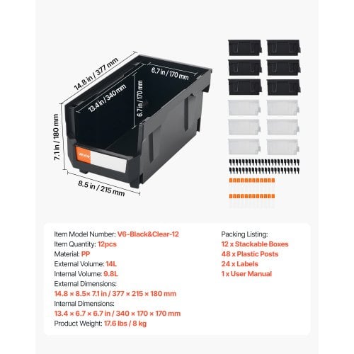 Opbevaringskasser, Stabelbare plastbeholdere 37,7x21,5x18 cm, Sort Transparent, Opbevaring