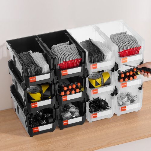 Opbevaringskasser, Stabelbare plastbeholdere 37,7x21,5x18 cm, Sort Transparent, Opbevaring