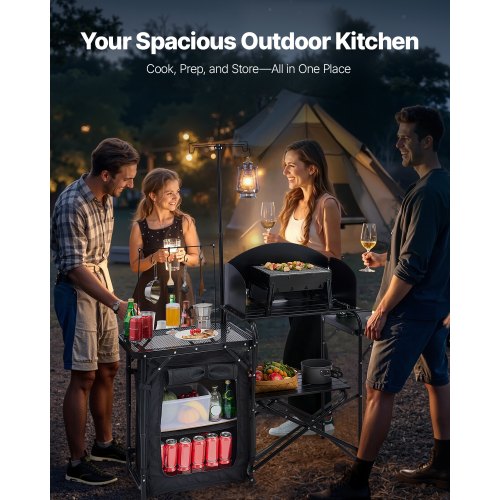 Camping køkkenbord, aluminium, opbevaringsskab, sort