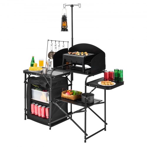 Camping køkkenbord, aluminium, opbevaringsskab, sort