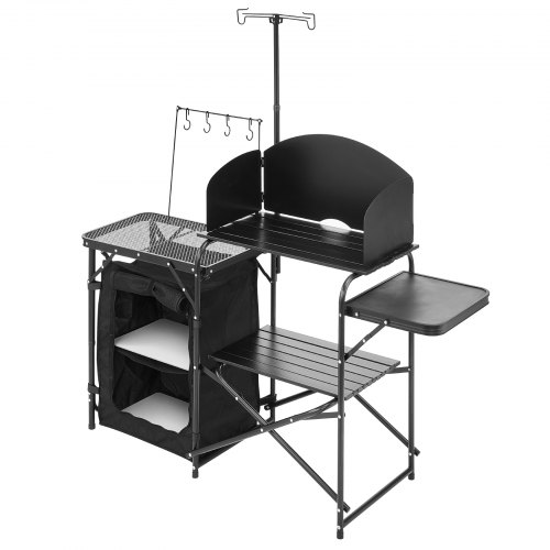Camping køkkenbord, aluminium, opbevaringsskab, sort