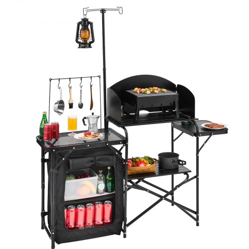 Camping køkkenbord, aluminium, opbevaringsskab, sort