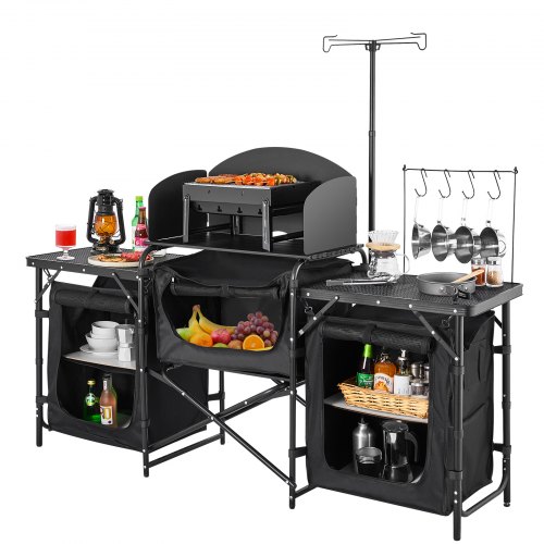 Camping køkkenbord, aluminium, 3 opbevaringsskabe, sort, bærbar