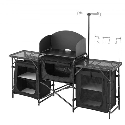 Camping køkkenbord, aluminium, 3 opbevaringsskabe, sort, bærbar