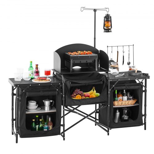 Camping køkkenbord, aluminium, 3 opbevaringsskabe, sort, bærbar
