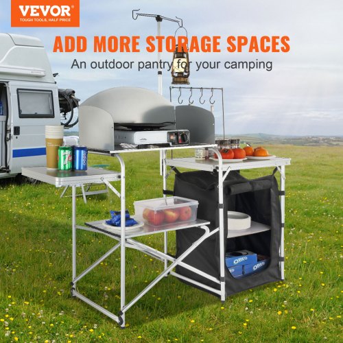 Camping køkkenbord, 146x46x168 cm, Sort, Sammenklappelig
