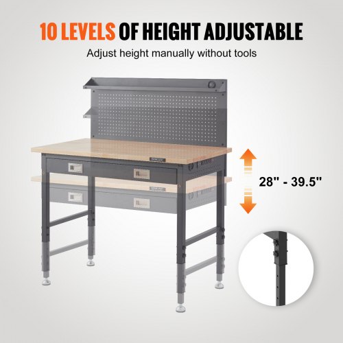 Arbejdsbord, Justerbar højde, 121,9x61x71,1-100,3 cm, Eg, Kulstofstål