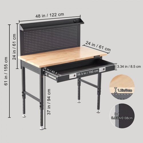 Arbejdsbord, Justerbar højde, 121,9x61x71,1-100,3 cm, Eg, Kulstofstål