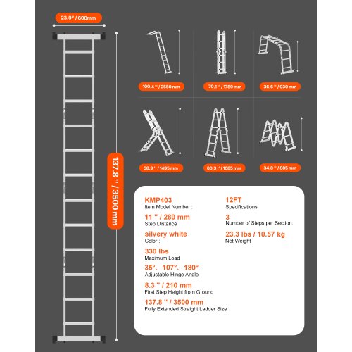 Sammenklappelig stige, 7-i-1 justerbar teleskopstige, 350x60,8x168,5 cm, aluminium