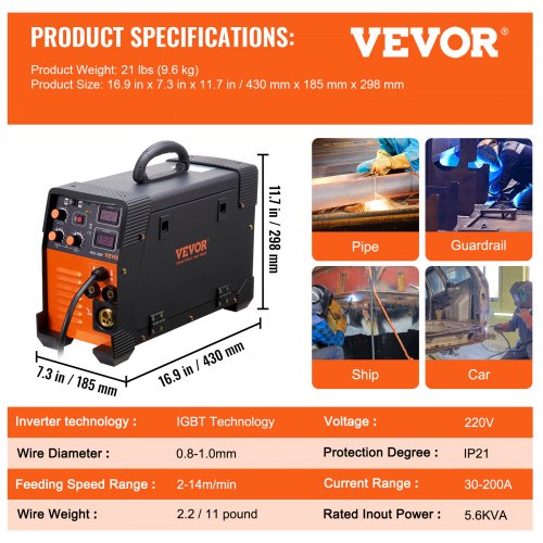 Svejsemaskine, 3 i 1 MIG TIG Bue Svejser 200 Amp, 43x18.5x11.7 cm, Digitalt Display