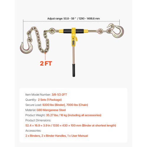 Ratchet kædestrammer, 133x43x10 cm, kraftig stål