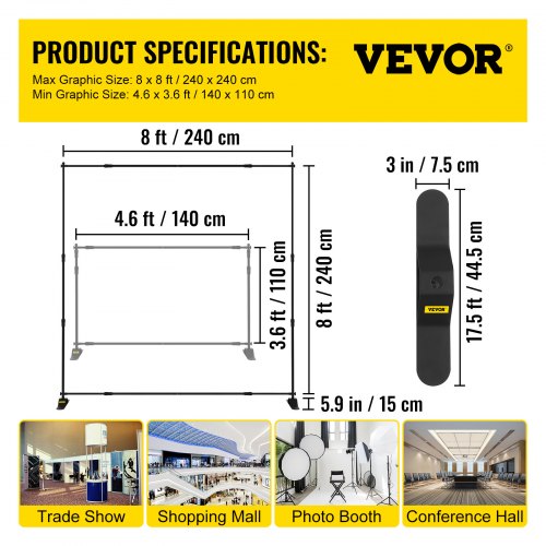 Baggrundsbannerstativ, 243,8x243,8 cm, Sort, Justerbar aluminiumsramme