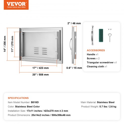 BBQ adgangsdør 50,8x35,6x4,6 cm rustfrit stål