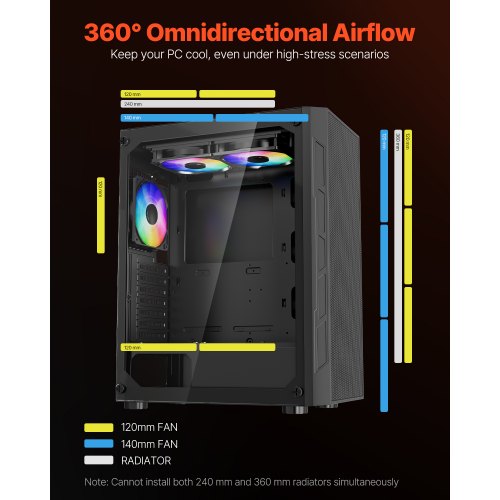 PC Gaming Kabinet, Mid-Tower, 320 mm GPU-understøttelse, Hærdet glas, Stål