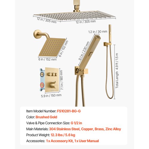 Duschblandare set, Termostatisk regnduschsystem 305x152 mm, Borstad guld, Mässing