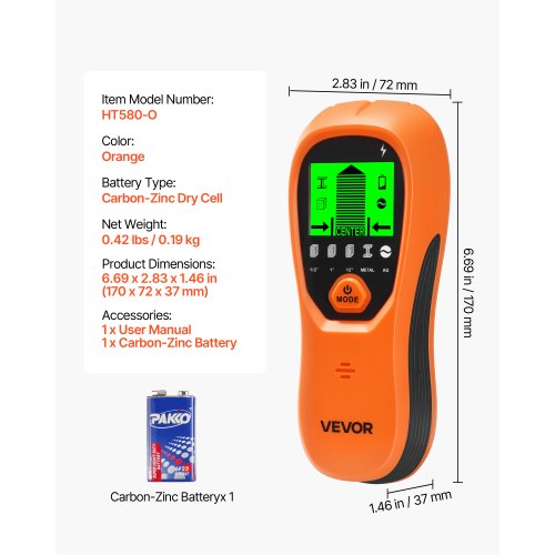 Stolpesøger, Elektronisk vægdetektor 17x7.2x3.7 cm, Orange