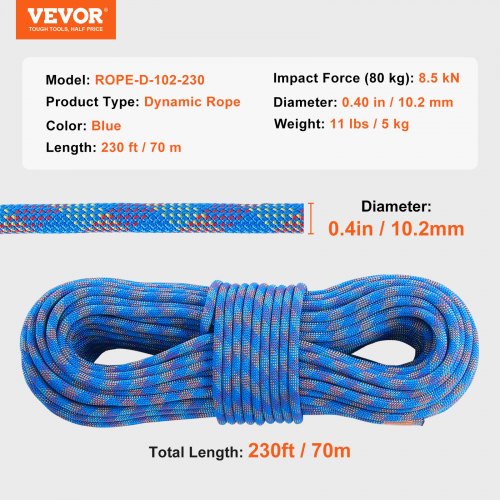 Klatrereb 70 m Blå, Strækbar Fiber, Stålkroge