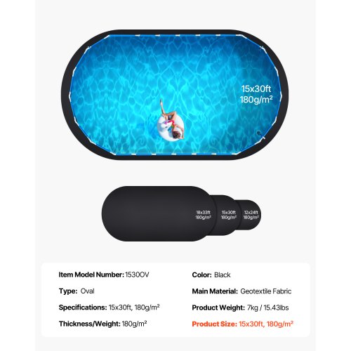 Pool Liner Underlag, Oval, 457x914 cm, Sort, Geotekstil Materiale