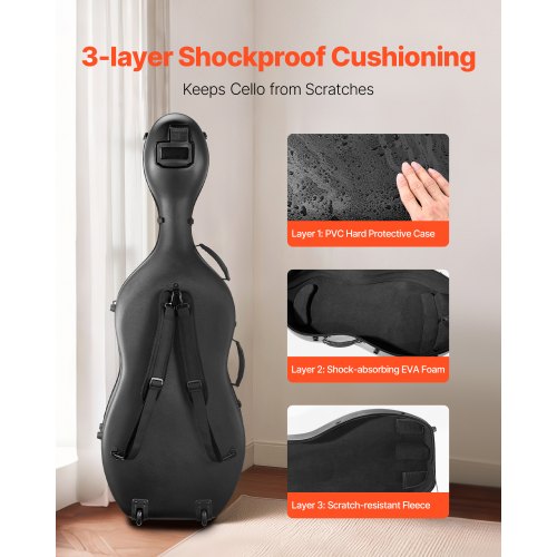 Cello-etui, 4/4 fuld størrelse komposit kulfiber, 137x53x32 cm, sort, letvægt