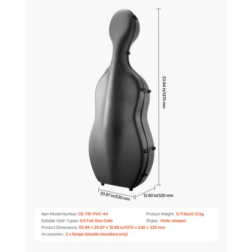 Cello-etui, 4/4 fuld størrelse komposit kulfiber, 137x53x32 cm, sort, letvægt