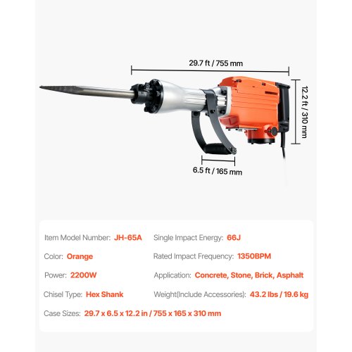 Nedrivningshammer, Elektrisk betonbryder 2200W, Metal