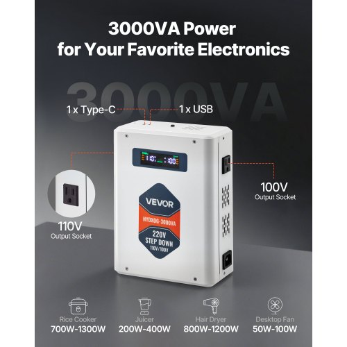 Stegtransformator, 3000VA, robust, 220V till 110V, spänningsomvandlare