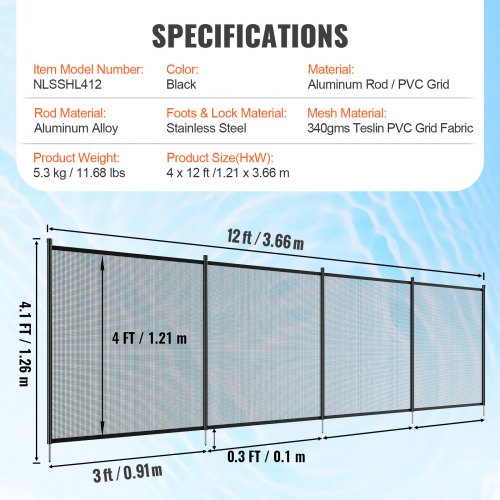 Uima-altaan aita, 1,2x3,7 m, musta, irrotettava Teslin PVC-verkko