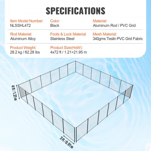 Uima-altaan aita, 1,2x21,9 m, musta, irrotettava Teslin PVC-verkko
