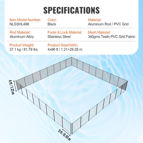 Uima-altaan aita, 1,21x29,26 m, musta, irrotettava Teslin PVC-verkko
