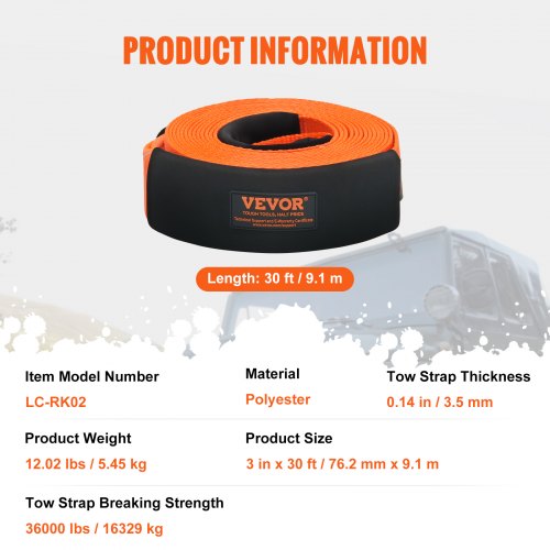 Bogserrem Recovery Kit, 8.5x910 cm, Extra kraftig, Polyester, Förvaring