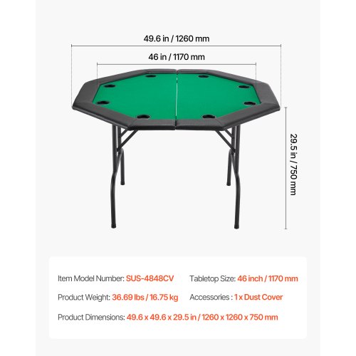 Pokerbord, 8-personers foldbart ottekantet bord, 126x126x75 cm, sort, sammenklappeligt