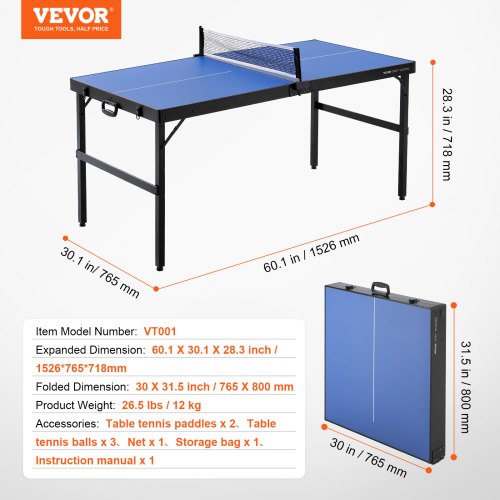 Bordtennisbord, 152,6x66,5x71,8 cm, Sammenklappeligt Indendørs Bærbart, MDF