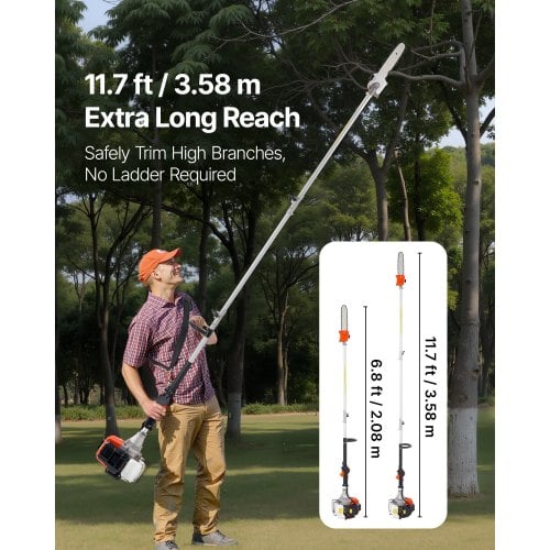 Benzindrevet stangsav, 33CC 2-takts ledningsfri stangsav, 20,3 cm sværd, 2,08x3,58 m teleskopisk, grentrimmer