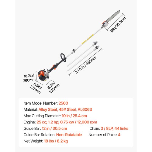 Stangsav, 25CC benzin, 30,5 cm sværd, 2,12x3,62 m teleskopisk