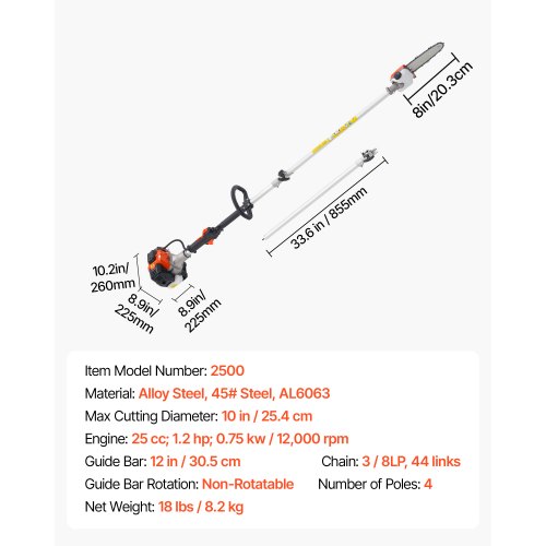 Stangsav, 25CC benzindrevet stangsav, 20,3 cm sværd, 2 til 2,74 m teleskopisk, ledningsfri grentrimmer