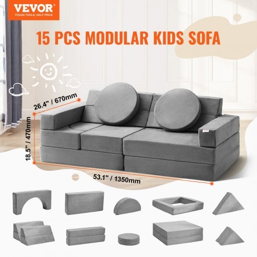 Børns modulære lege-sofa, 15-delt skumsofa til småbørn, højdensitets-skum, ruskindstof