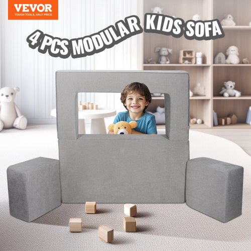 Barnsoffa, Modulär 4-delad soffa 100x100x20 cm, Grå, Avtagbart överdrag