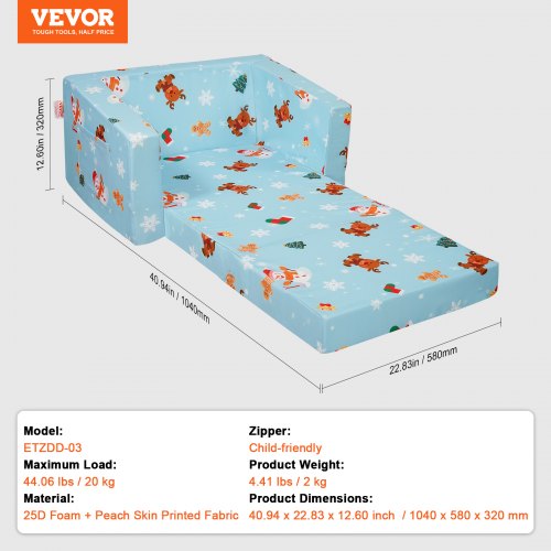 Børnesovesofa, 2-i-1 konvertibel børnesofa, 104x58x32 cm, blå, foldbar