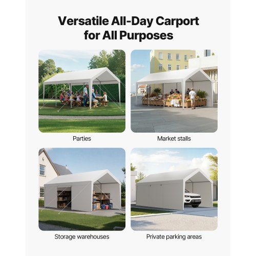 Carport, 365x609x302 cm, Hvid, Stålramme