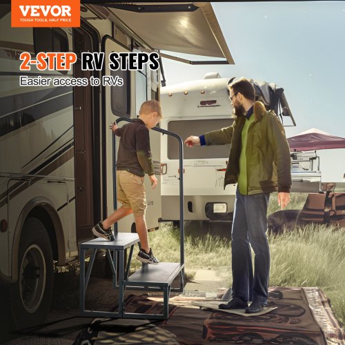 Campingtrappe, 2-trins, kulstofstål, med gelænder, skridsikker, sort