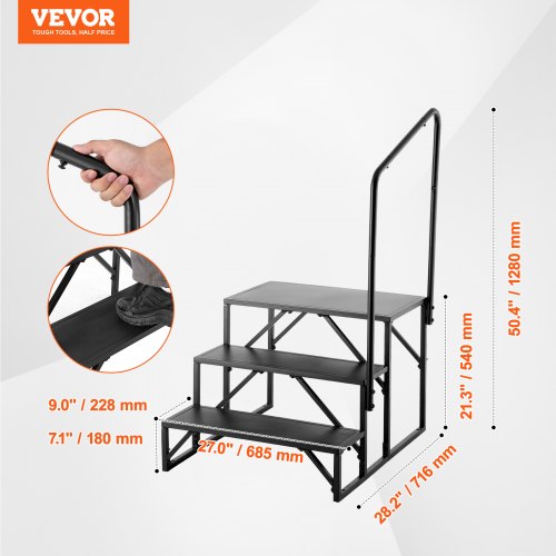 Husbilstrappa, 3-steg, kolstål, med räcke, halkfri, 199,6 kg maxbelastning