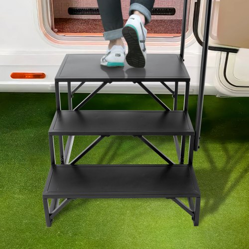 Husbilstrappa, 3-steg, kolstål, med räcke, halkfri, 199,6 kg maxbelastning