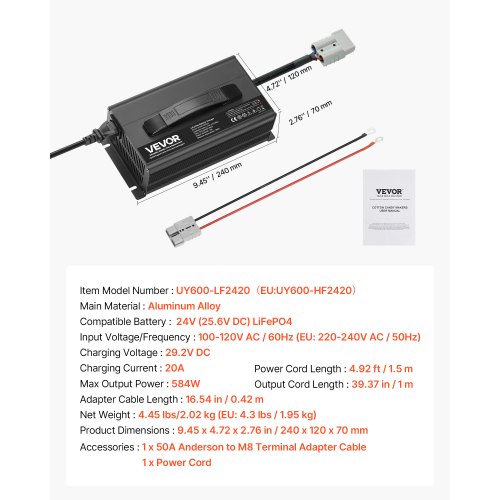 Lithium batterioplader, 24V 20A LiFePO4, 29,2V, AC-DC, Anderson-stik, LED-indikator