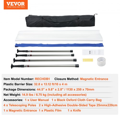 Støvbarrieresystem, 304,8 cm teleskopstænger, 999,7x399,9 cm plastfolie