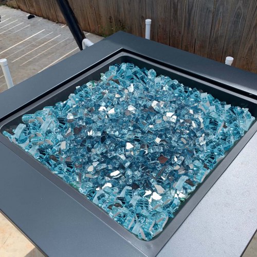 Eldstadsglas, Reflekterande Krossat Glas 12,7 mm, Aqua Blå, Härdat