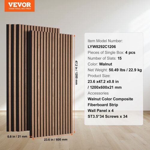 Akustiske vægpaneler, MDF trælamel, 120x60x2,1 cm, valnød