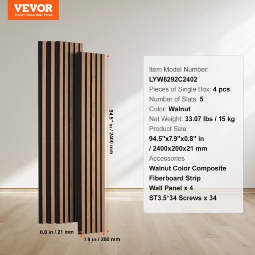 Akustiske vægpaneler, 240x20x2,1 cm, valnød, MDF