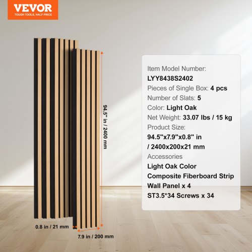 Akustik vægpaneler, 240x20x2,1 cm, lys eg, MDF