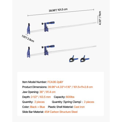 Bar klemmer, 2-pak, 91,4 cm åbning, 63,5 mm dybde, sort, støbejern og kulstofstål